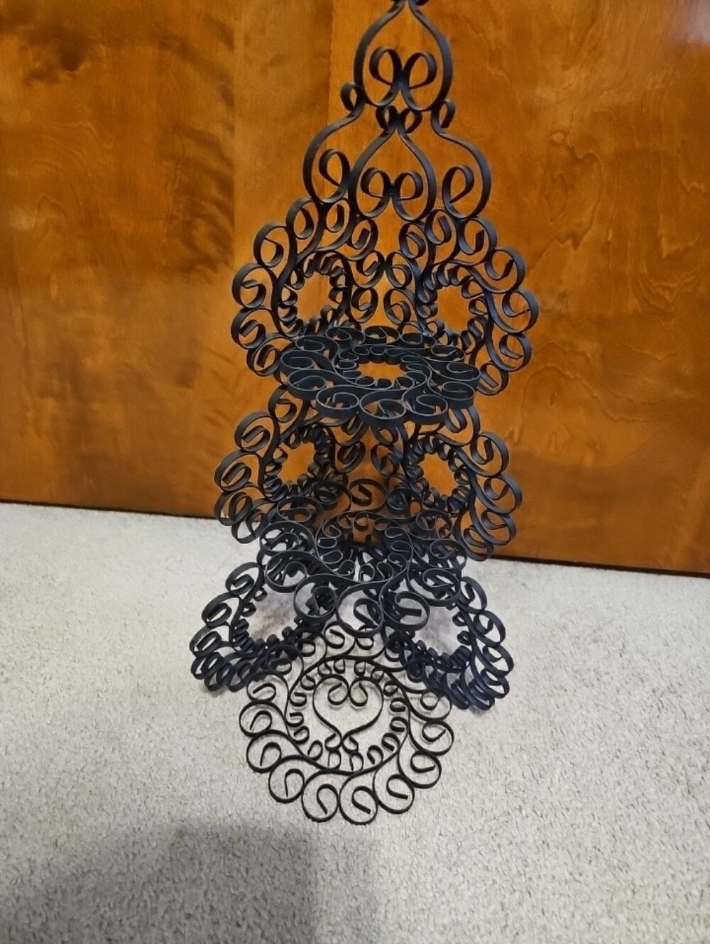 Vintage Black Metal Scroll Corner 3-Tier Hanging Shelf Knick knack Farmhouse